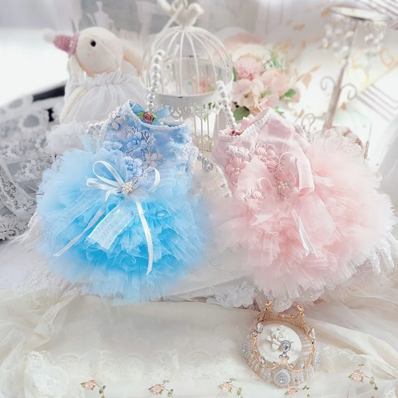 High-end Handmade Princess Dress One Piece Dog Clothes Pet Supplies Pearl Ribbon Bow Tulle Skirt Tutu Many Layers Yorkie Costume