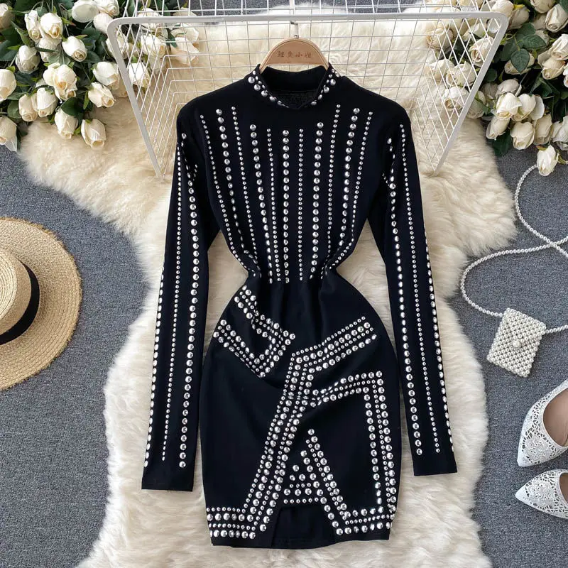 Chic Women Dresses Cut Stretch Luxury Sequins Bodycon Party Long Sleeve Black Slim Mini Dress Stand Neck Vestidos Dresses NS334