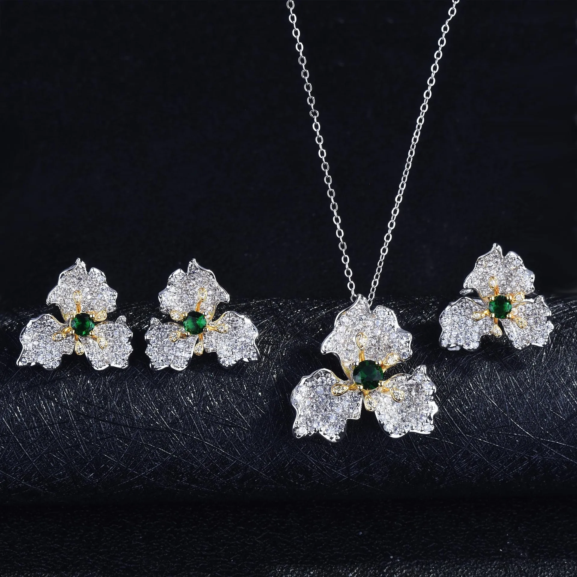 Elegant Trendy Zircon Flower Petals Jewelry Sets For Ladies Luxury Imitated Emerald Engagement Jewelry Birthday Gifts For Girl