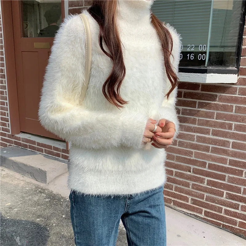 Autumn Winter Fluffy Mohair Knitted Sweater Women Cashmere Tops Casual Flocking Pullovers Ladies Sweater Warm Jumper Streetwear