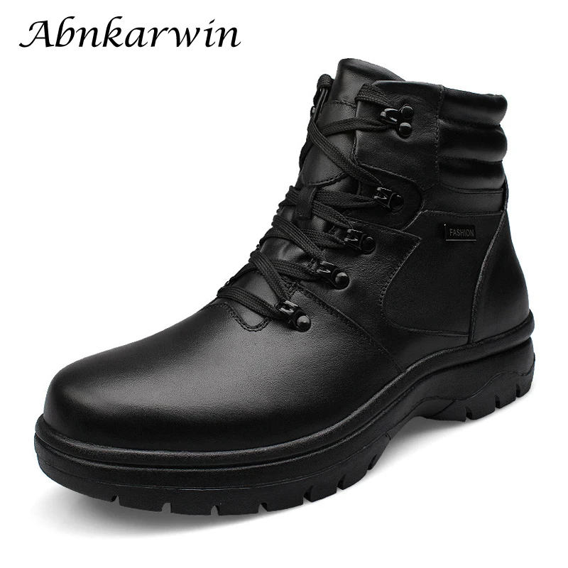 Winter Men Ankle Genuine Leather Boots Black Plush Warm Outdoor Shoes For Big Foot Plus Size 49 50 51 52 53 54