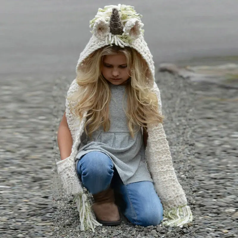 Brand  New Unicorn Hooded Scarf Animal Hoodie Cowl Crochet Knitted Beanie Hat Kids Children baby Girl Cute Fashion Hood 2-12Y