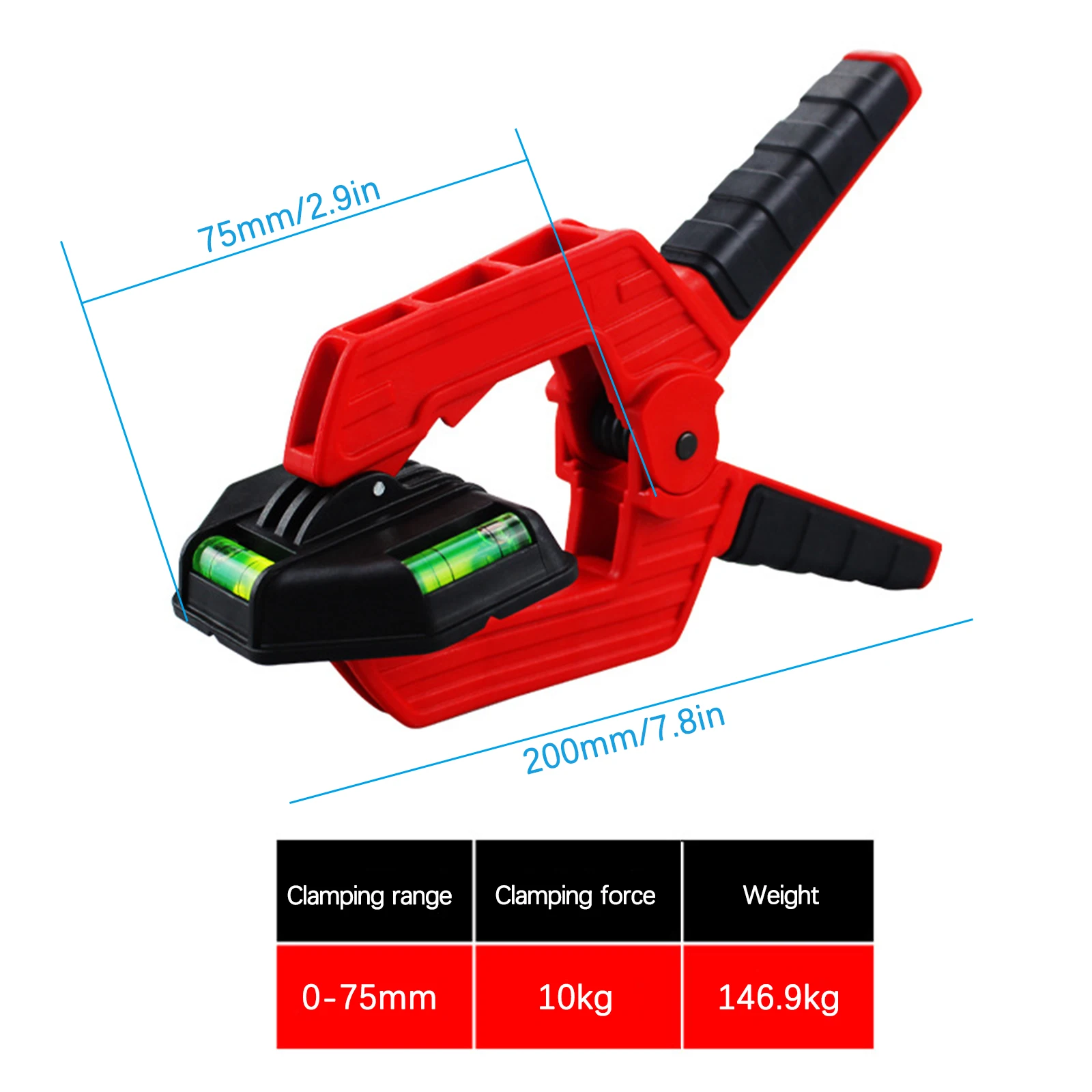 Abrazadera con instrumento de medición de nivel, herramientas de mano Rojas hechas de Material ABS, Clip de resorte de 200mm de longitud
