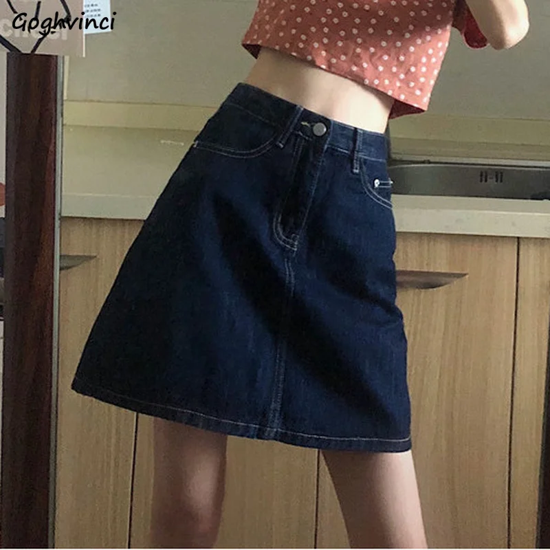 

Women Denim Skirts Solid Above Knee Vintage Fashion Chic Streetwear All-match Teen Young Style Students A-line Casual Retro Slim