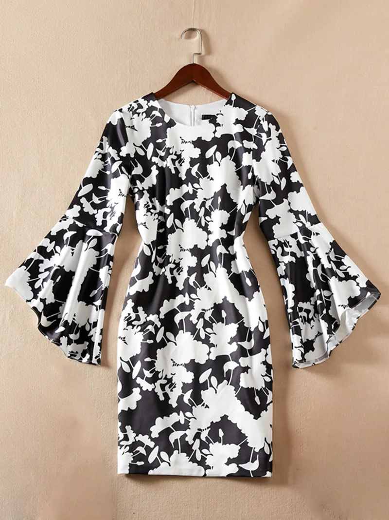 Floral Flower Print Women Sheath Dress Flare Sleeve Round Neck Dresses