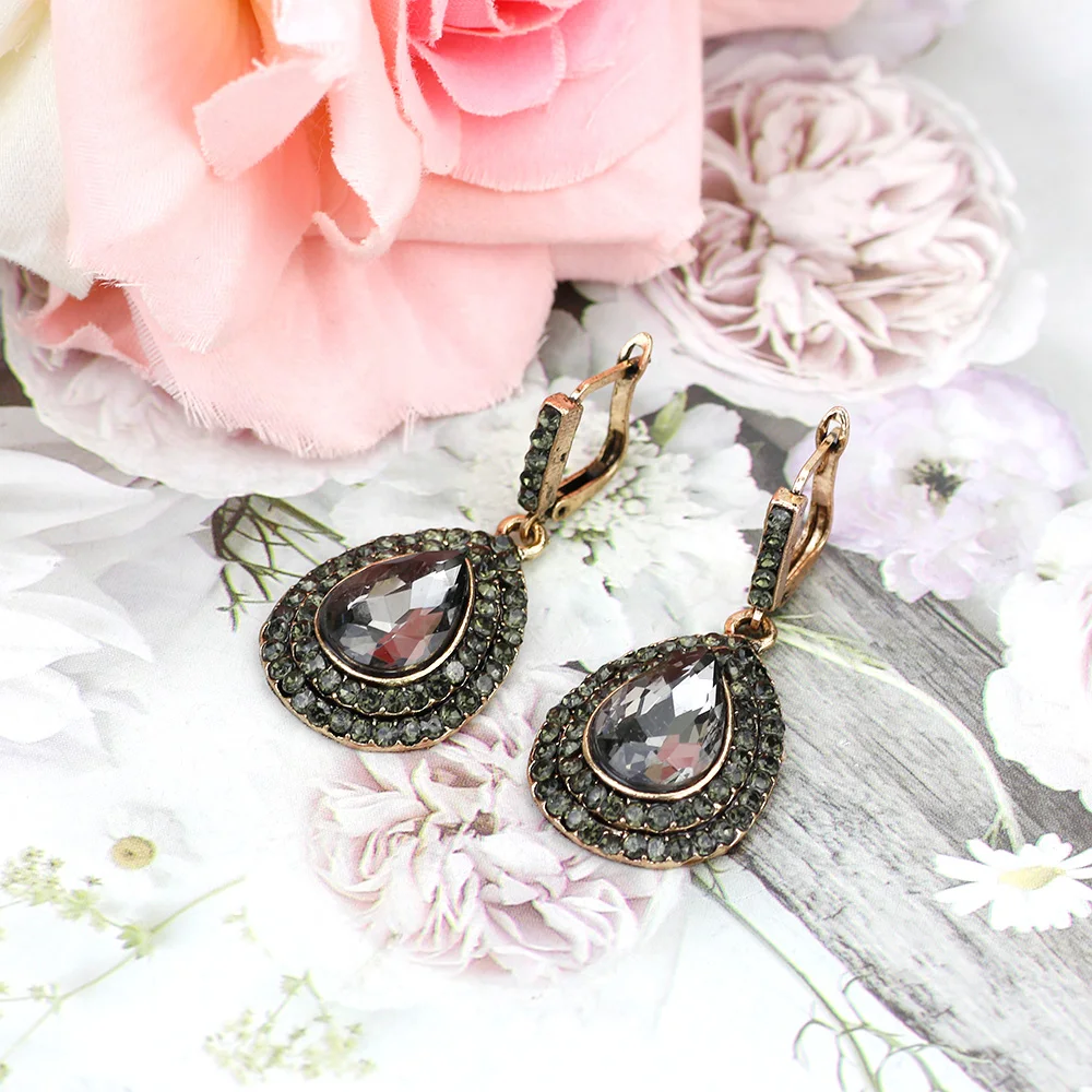 Sunspicems Vintage Bohemia Gray Crystal Dangle Drop Earrings for Women Retro Gold Color Turkish Ethnic Wedding Jewelry