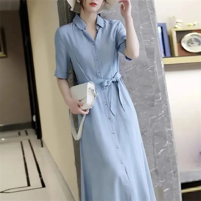 Female Age Reduction Belt Comfortable Imitation Thin Dress 2021 Women Summer New Mid-Length Denim Skirt Shirt Dress A591h