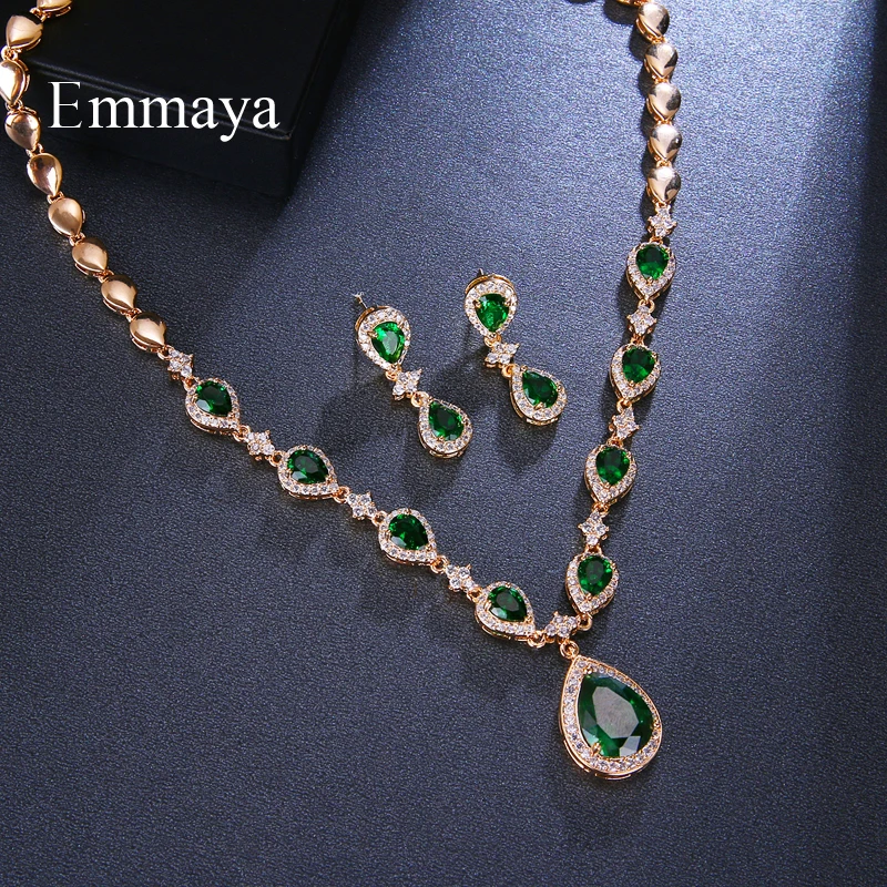 Emmaya New Arrival Green Waterdrop Appearance Zirconia Charming Costume Accessories Earrings And Necklace Jewelry Sets