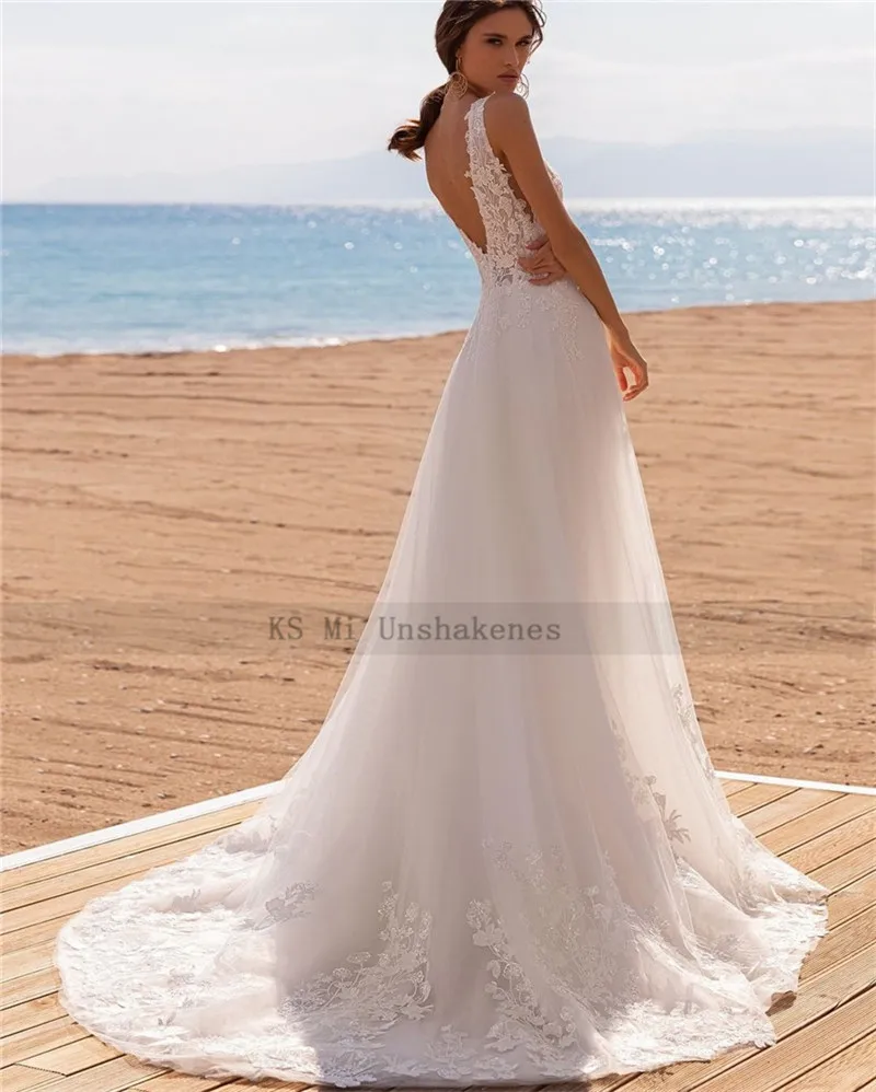 Vintage Beach Wedding Dresses Lace Sparky Bohemian Bride Dress 2022 Backless Wedding Gowns Sweep Train Vestido de Noiva