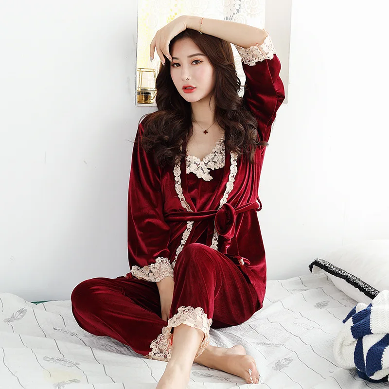 Burgundy Women 3PCS Pajama Suit Autumn Velour Lace Sexy Sleepwear Set Floral Nightwear Bride Wedding Kimono Robe Gown Lingerie