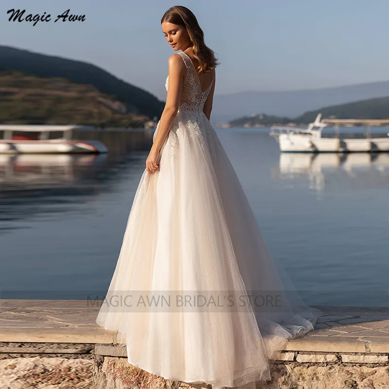 Magia awn praia vestidos de casamento 2022 rendas apliques ilusão brilhante tule boho vestidos de noiva a linha sem mangas vestido de novia