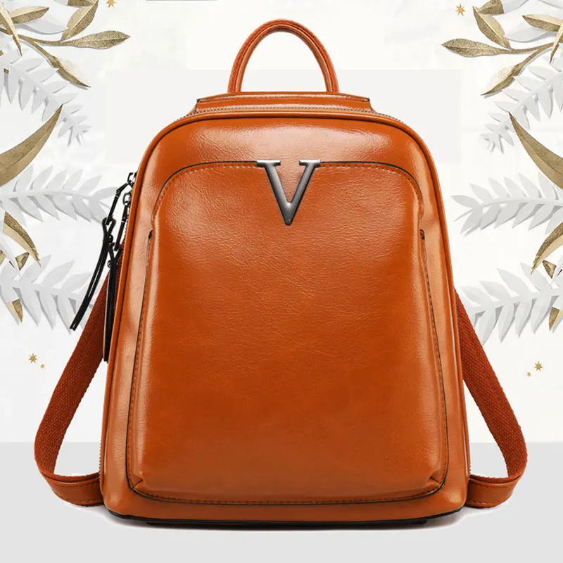 New Women\'s Backpack Leather Oil Wax Leather Retro Student Bag Fashion Personality Solid Color Backpack Creative Computer Bag