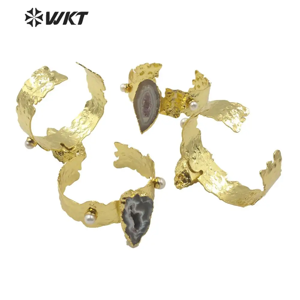 WT-B514 Gorgeous Fashion Geode Agate Pearl Natural Stone Bangle With 18k Real Gold Plated For Women Present