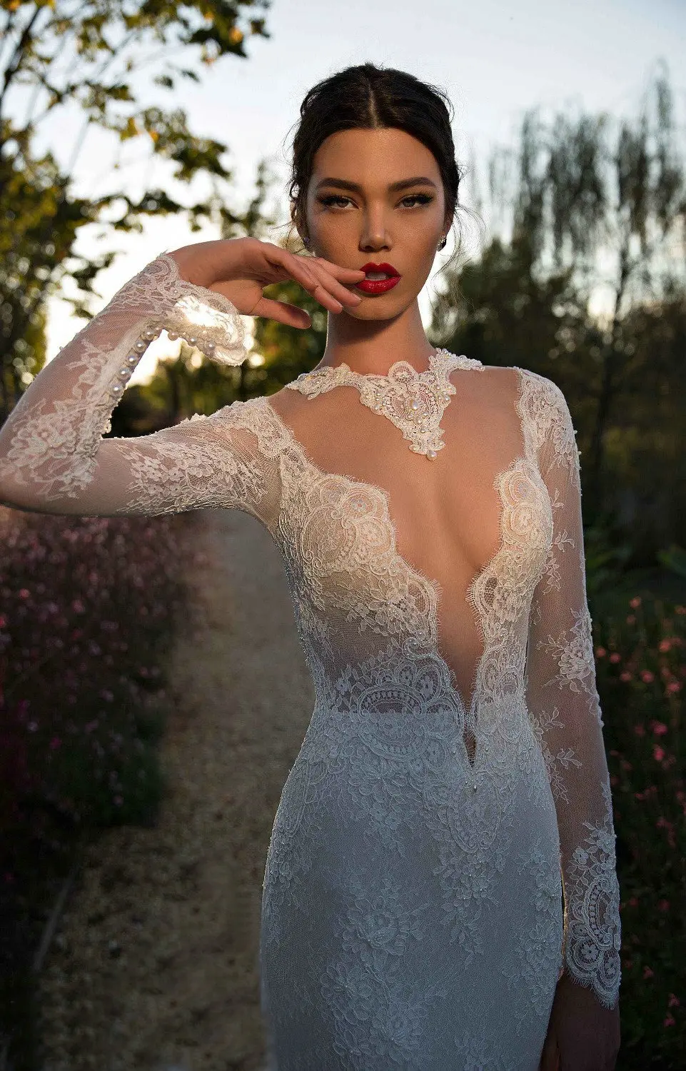 New Arrival Lace Mermaid Romantic Long Sleeve Sheer Back Robe De Mariage Bridal Gown With Long Train mother of the bride dresses