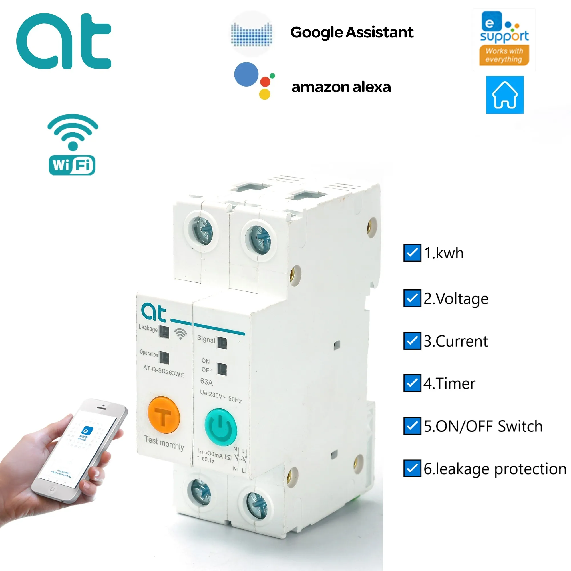 WIFI Circuit Breaker 1P  DIN ​Rail Smart Switch Remote Control by Ewelink APP for Smart Home 16A 20A 25A 32A 40A 50A 63A