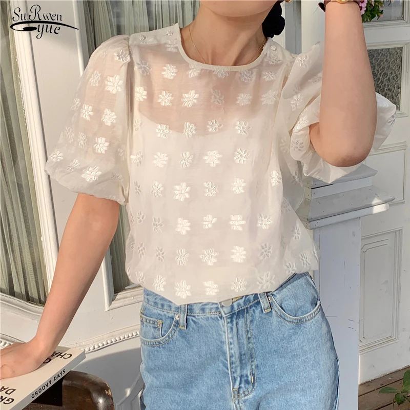 

Chic Embroidered Flowers with Sling Bubble Sleeve Perspective Shirt New Korean Summer O-Neck Women Tops Loose Sweet Blouse 14365