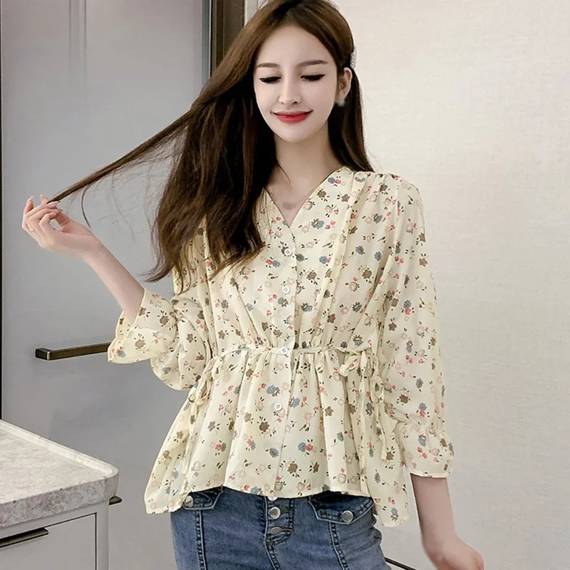 Frauen V-ausschnitt Chiffon Langarm-shirt Koreanische Stil Damen Floral Print Sommer Süße Blusen 2020