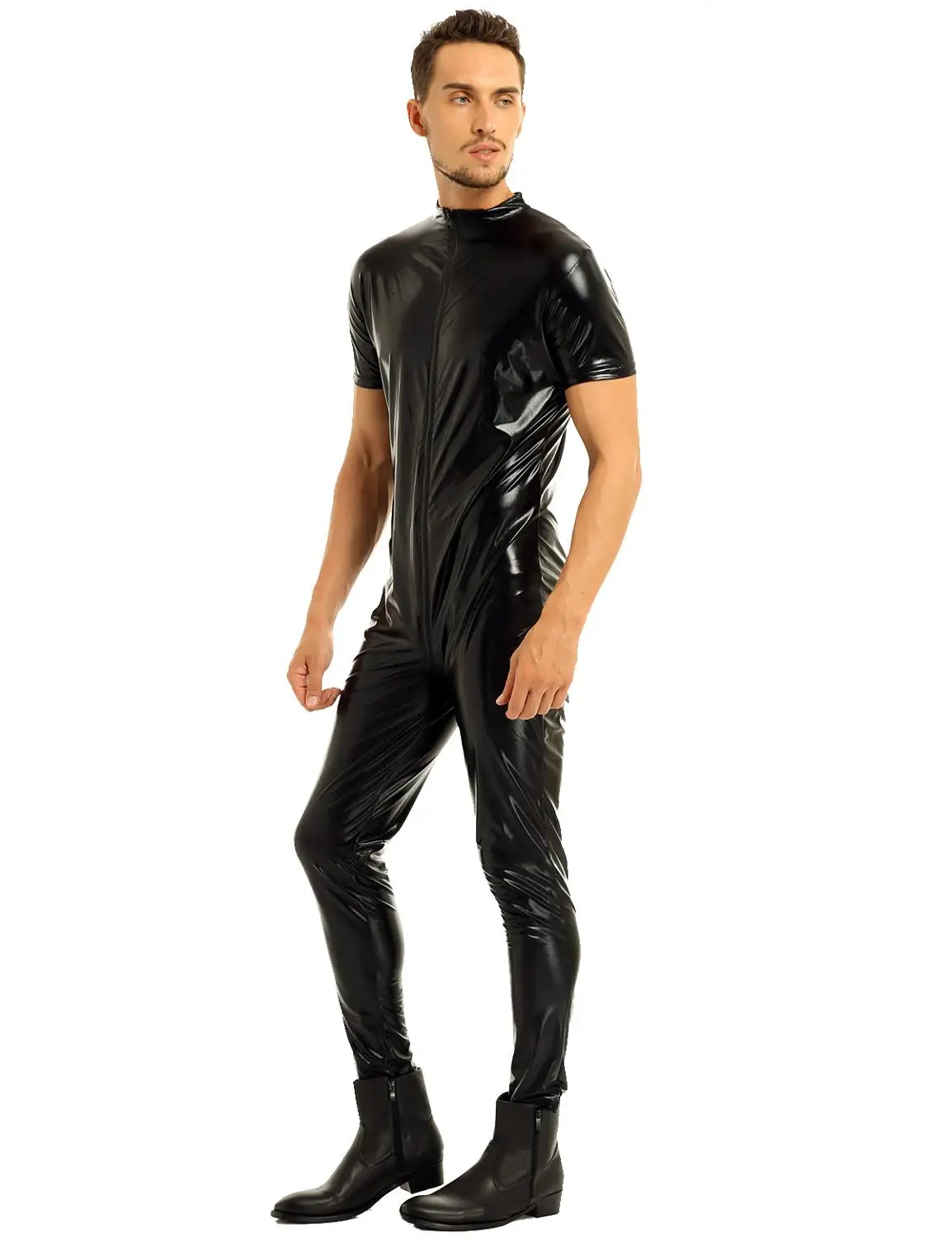 iiniim Mens Stretchy Faux Leather Short Sleeves Zipper Crotch Full Body Leotard Bodysuit Clubwear Evening Party Men Overalls