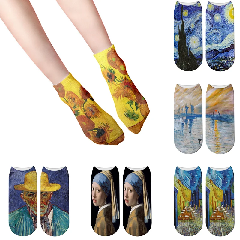 

Van Gogh Sunflower Printed Art Socks Unisex Retro Famous Painting Starry Night Cotton Socks Funny Low Ankle Socks for Female