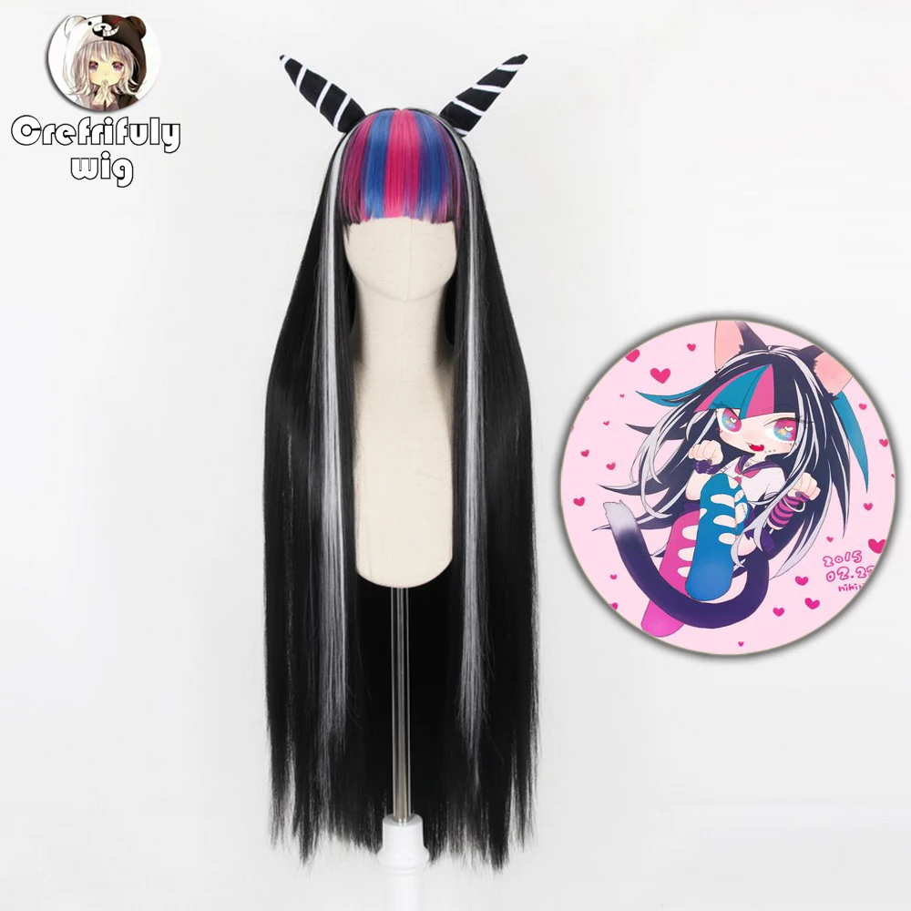 Danganronpa-Peluca de cabello sintético para Cosplay, cabellera artificial largo y liso de 100cm con gatillo feliz Havoc, Mioda, Ibuki, para Halloween, Color negro mezclado