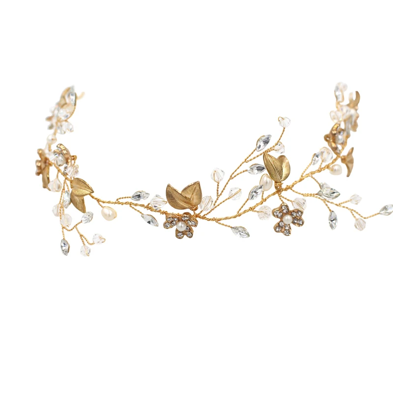 O349 Crystal Gold Bladeren Bridal Haarband Hoofdband Haar Ornamenten Kerst Decoratieve Kralen Hoofddeksel