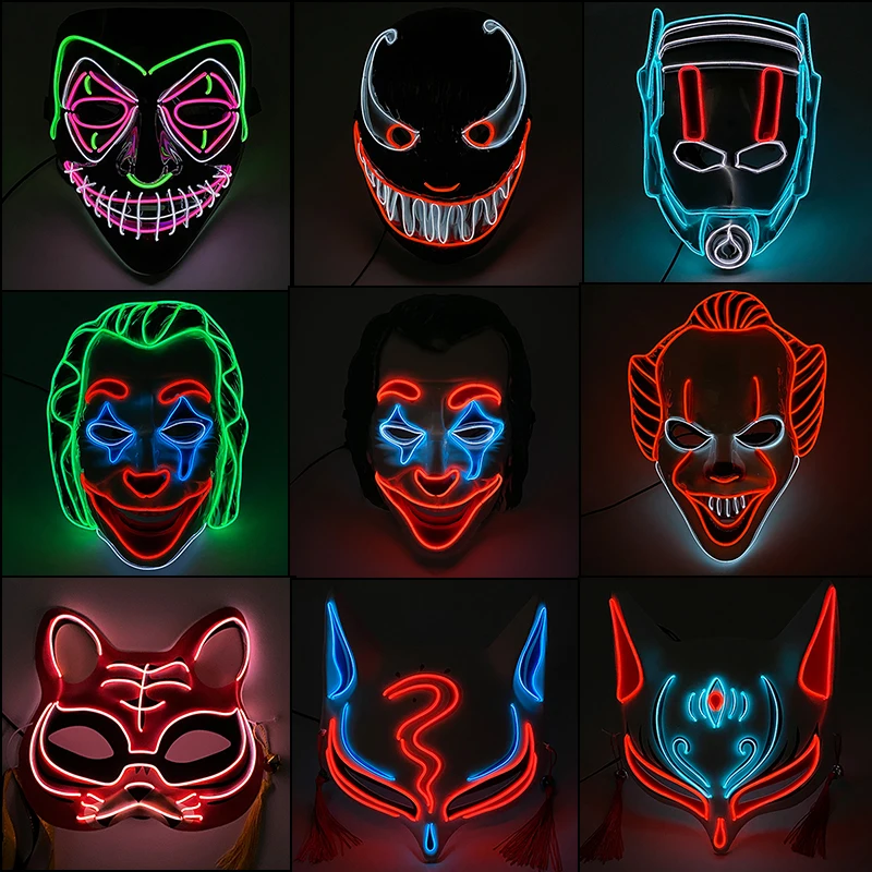 Horror Halloween Neon Mask Clown Mask Cosplay Party Costume Supplies Led Mask Masque Masquerade Party Masks Glow In The Dark