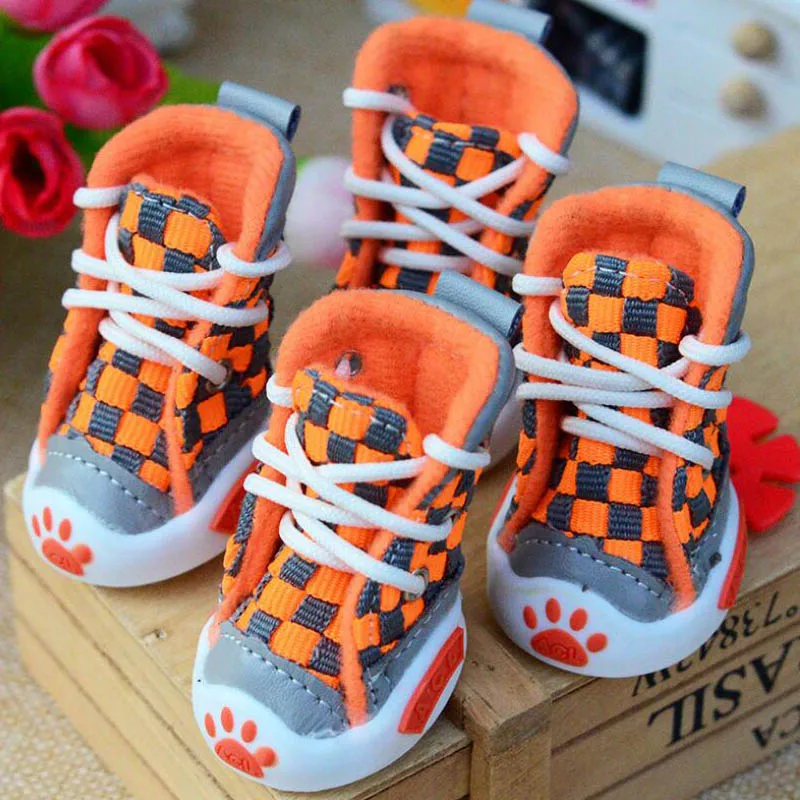 4 pcs/set Sports Dog Shoes Boots Denim Canvas Cloth Red Orange Blue Sneakers Fashion Grid Dog Booties Autumn Winter Pet Supplies