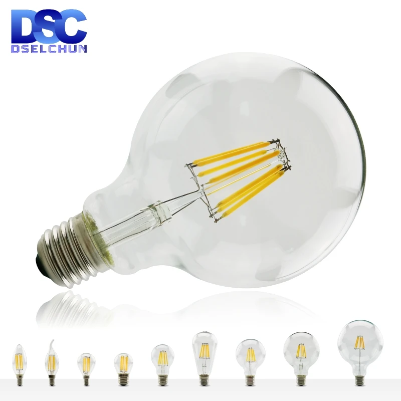 لمبة خيوط LED ، E27 E14 Retro Edison ، 220V-240V ، C35 ، G45 ، A60 ، ST64 ، G80 ، G95 ، G125 ، مصباح شمعة زجاجي عتيق