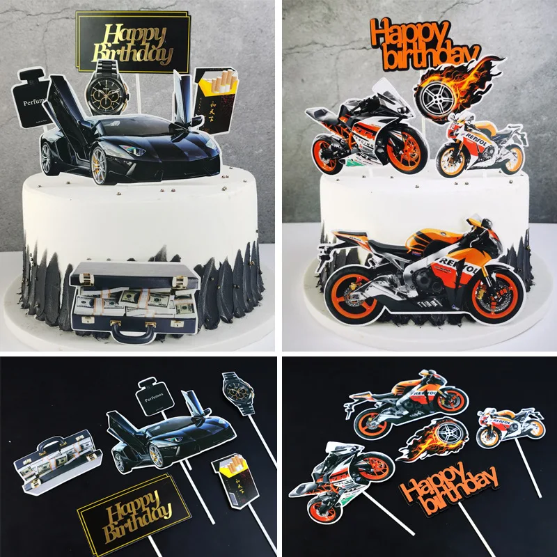 Cake Toppers Motorcycle Happy Birthday Topper Kids Girls Car Watch Cigarette Cake Flags Wedding Bride Party Baking DIY Decor