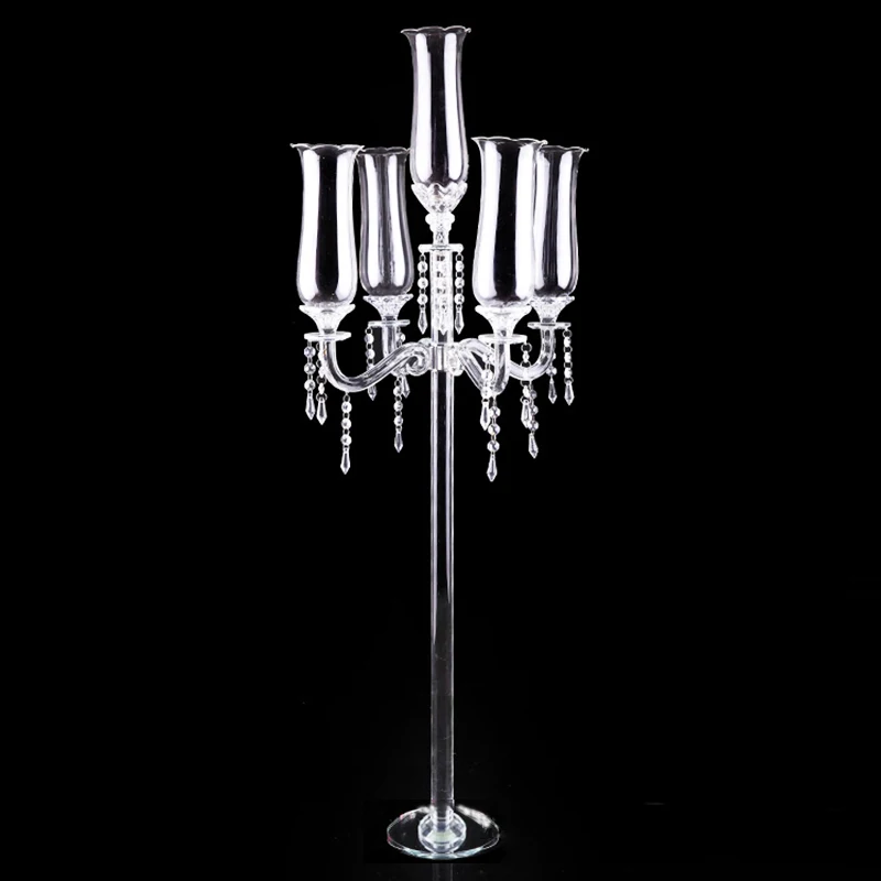 

Luxury 5 Arms Crystal Candelabra With Hurricane Glass Covers For Wedding Table Centerpieces Event Party Candelabros Decorativos