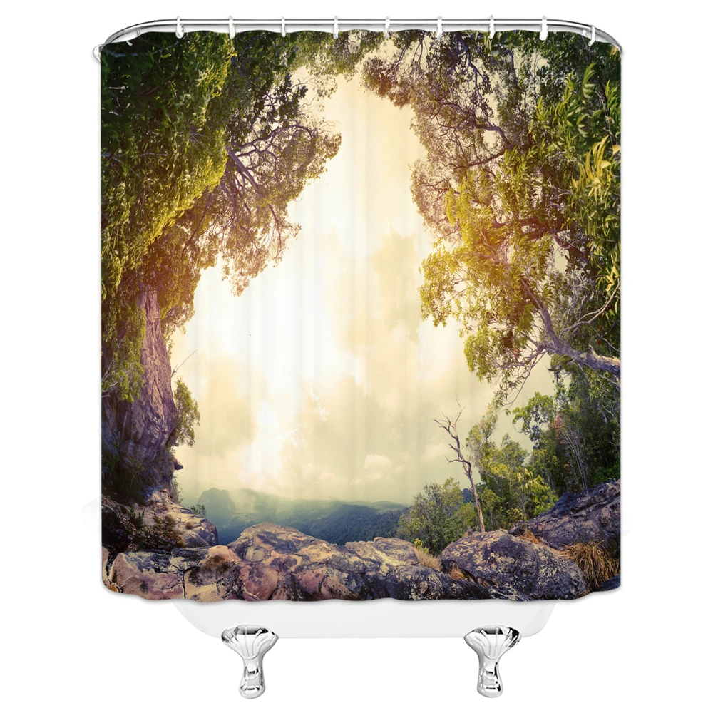 3d Natural Forest Scenery Bathroom Curtains Shower Curtains  Waterproof With Hooks Mountains Rivers Washable Fabric Screen