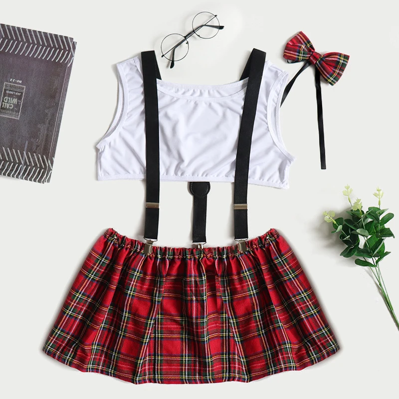 Leechee New Sexy School Uniform 4pcs Cosplay Lingerie Red Plaid Sex Skirt Erotic Costume Sexy Underwear Role Schoolgirl Costumes