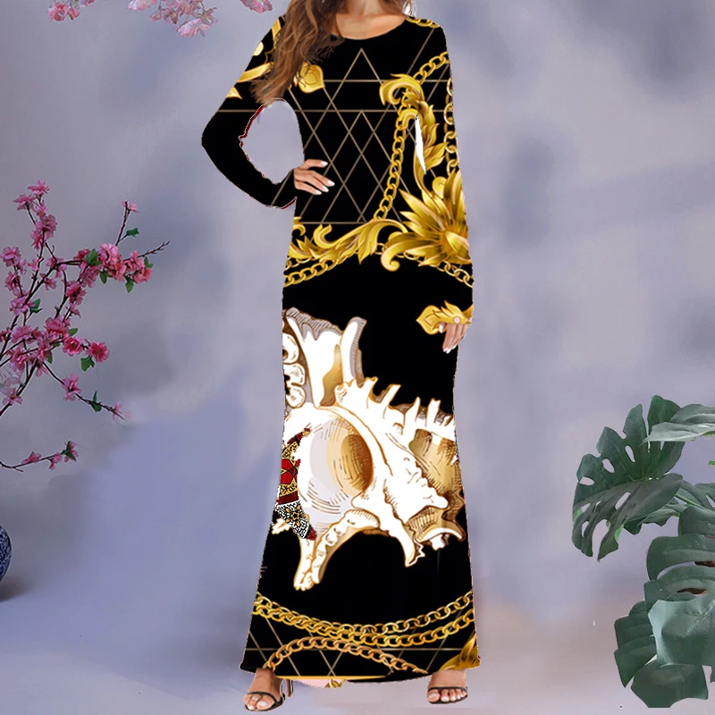 Noisydesigns Luxury Golden Floral Pattern Women Long Dresses Trendy Autumn And Winter Fashion Ladies Party Vestido Dropshipping