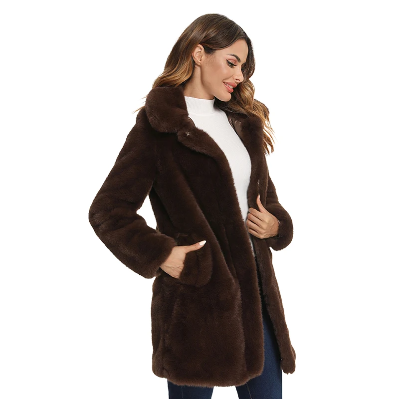 Giolshon Winter Women Faux Fur Lapel Coat Thick Warm Fuzzy Jacket Fleece Coat Faux Fur Fluffy Cardigan Long Overcoat Fourrure