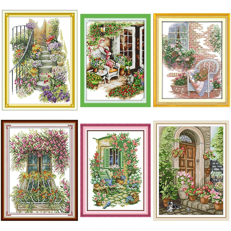 Joy Sunday Window Sill Flower Scenery Series Cross Stitch Kit Floral Pattern Aida 14CT11CT Count Print Embroidery Needlework Set