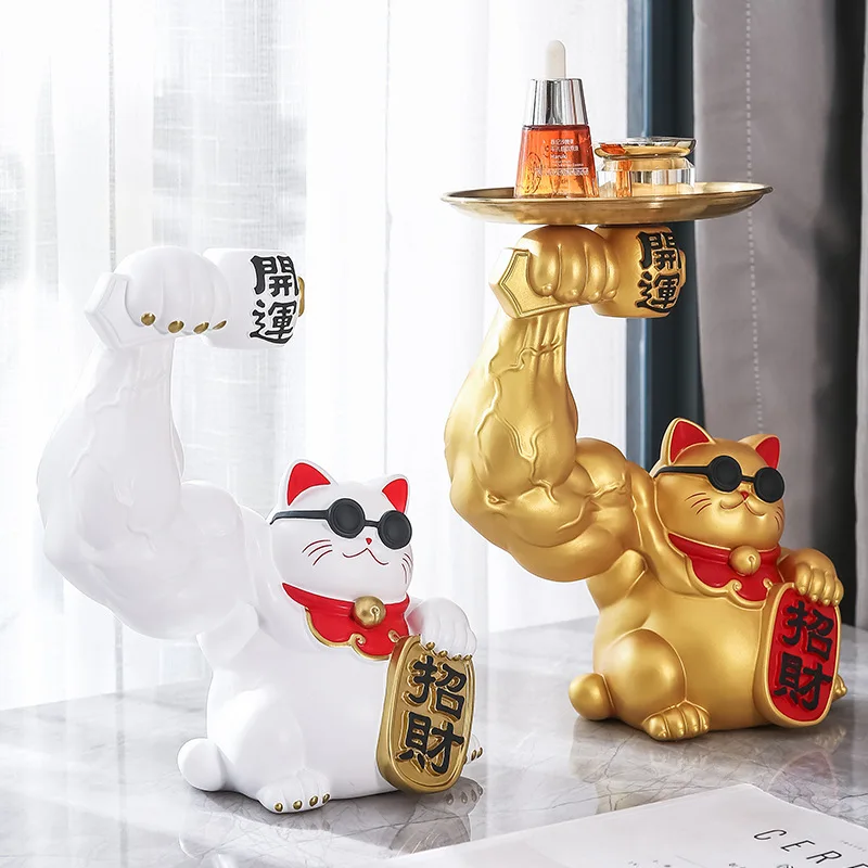 Golden Cat Figurines Muscle Arm Lucky Cat sculpture Ornaments Resin Storage Tray Storage cup holder key holder  Decoration