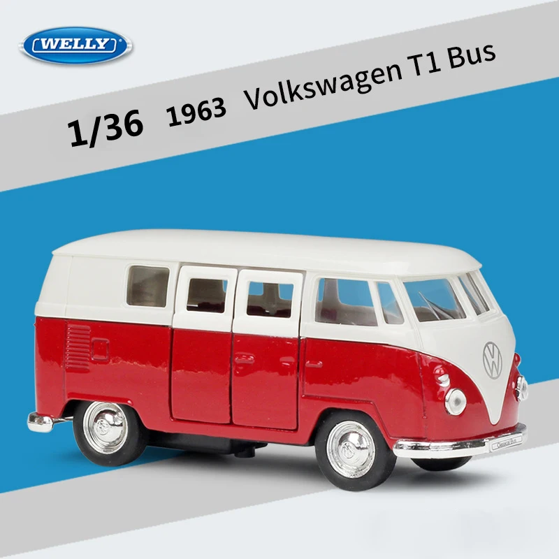 WELLY Diecast 1:36 Car Simulator 1963 Volkswagen T1 Bus Classic Pull Back Car Model Car Metal Alloy Toy Car Kid Gifts Collection