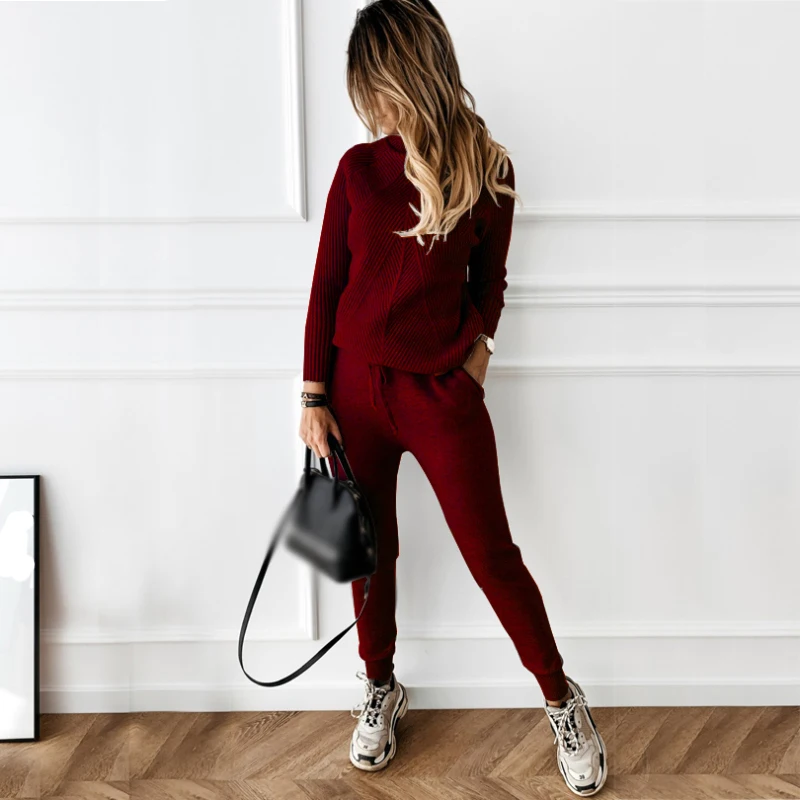 HONGHANYUAN S to XXXL Women\'s Tracksuit Solid Color Knitwear Turtleneck Sweater and Elastic Trousers Suits Knitted Two Piece Set