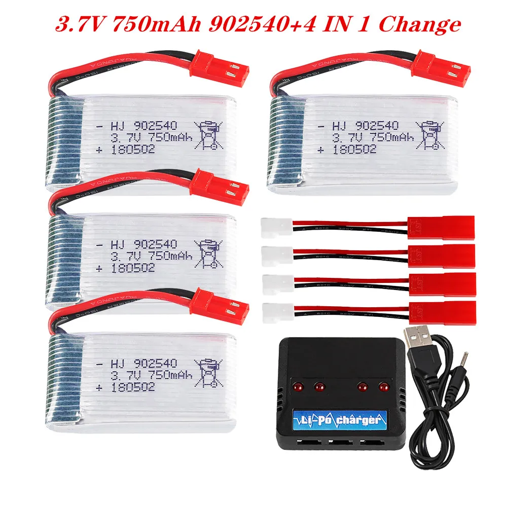 3.7v 750mah 25C 902540 Lipo Battery With USB Charger For MJX X300 X400 X500 X800 HJ818 HJ819 RC Drone Part JST Plug 2pcs To 4pcs