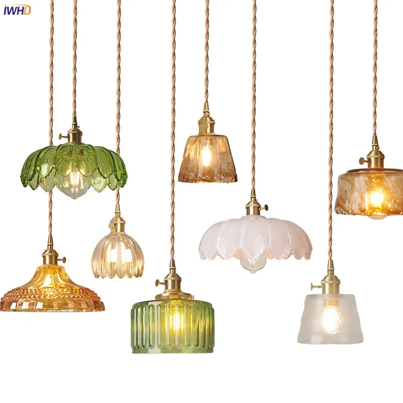 

IWHD Modern Copper Glass LED Pendant Lamp Switch Living Room Bedroom Green Amber White Nordic Hanging Lights Luminaria Hanglamp