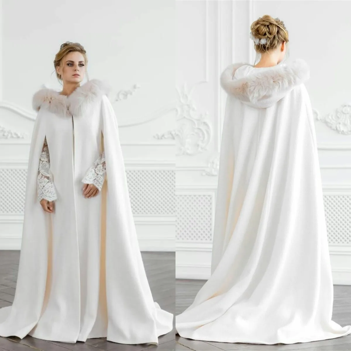 Ivory Hooded Wedding Cloak Warm Long Fur Winter Bridal Cape Custom Made Bride Bolero Wedding Wrap