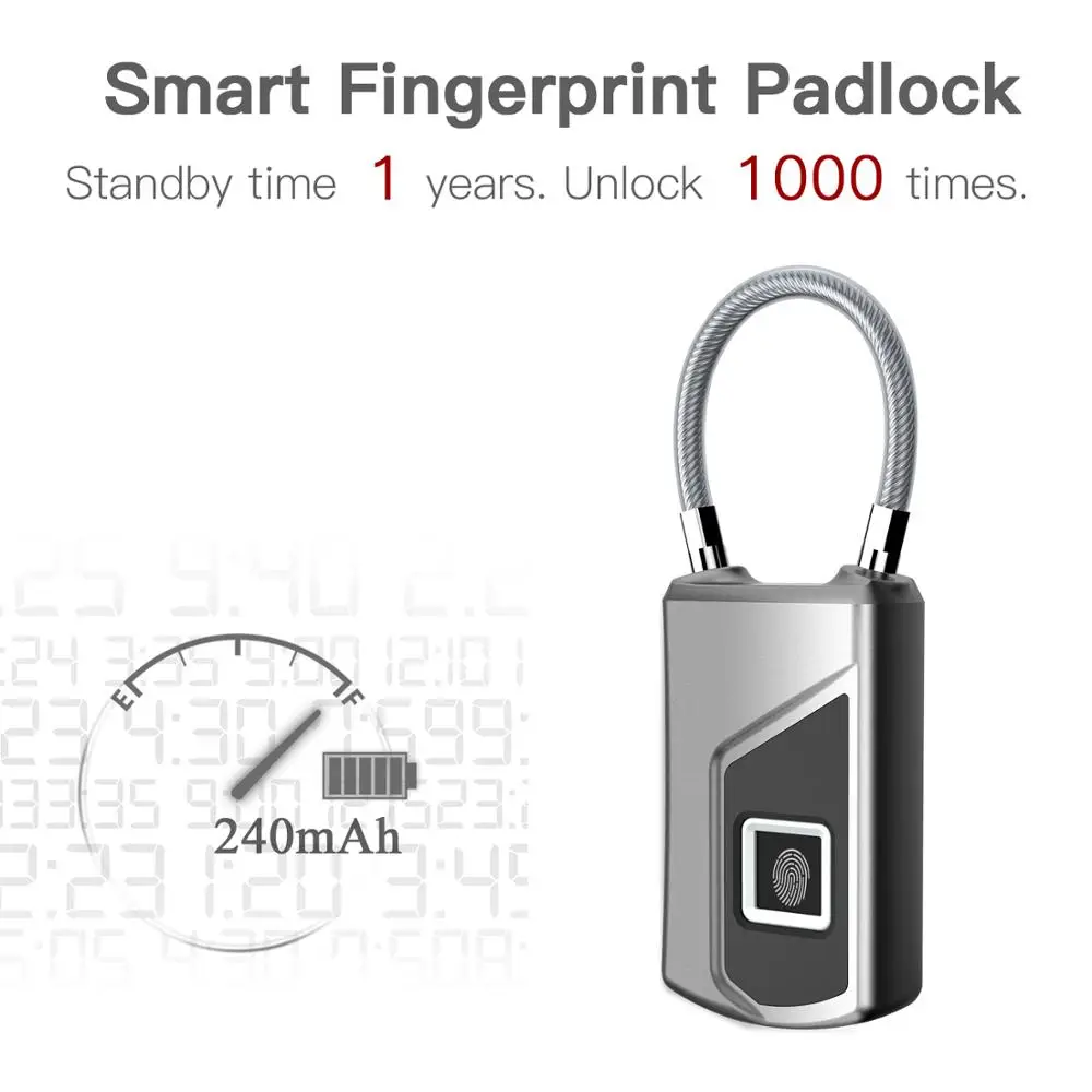 Rechargeable IP66 Waterproof Keyless Smart Fingerprint Lock Anti-Theft Security Door Luggage Case Padlock