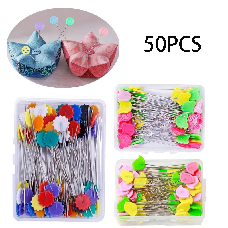 50Pcs Button Pins Head Straight Pins Stainless Steel Sewing Quilting Pins Colorful Decorative Fabric Dressmaking Sewing Tools