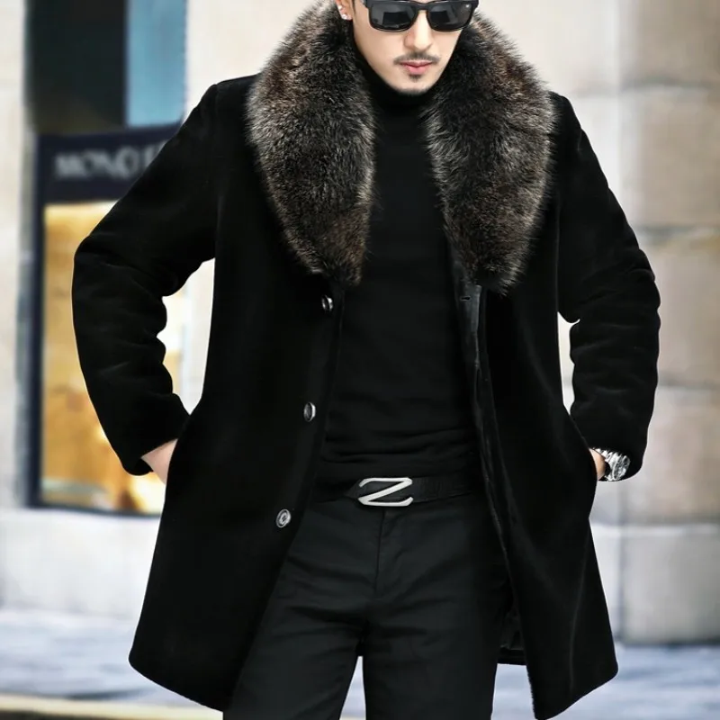 Mens Wool Long Coat Business Casual Slim Fit Single Breasted Raccoon Fur Collar Winter Thick Warm Luxury Real Sheep Fur Jacket