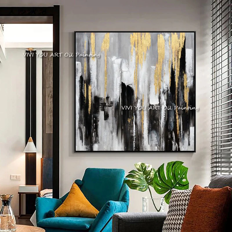 Hand-Painted Palette Knife Abstract Cityscape Oil Painting, Gold Leaf Black Grey Textured Square Canvas Wall Art