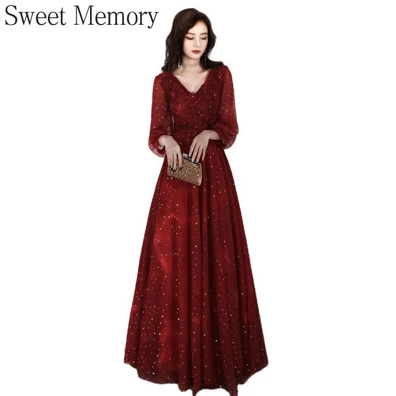 J1130-vestido de noche de manga larga rojo vino para niña, Vestidos de cumpleaños con apliques de flores, Túnica de tul con cordones, Vestidos de fiesta para mujer