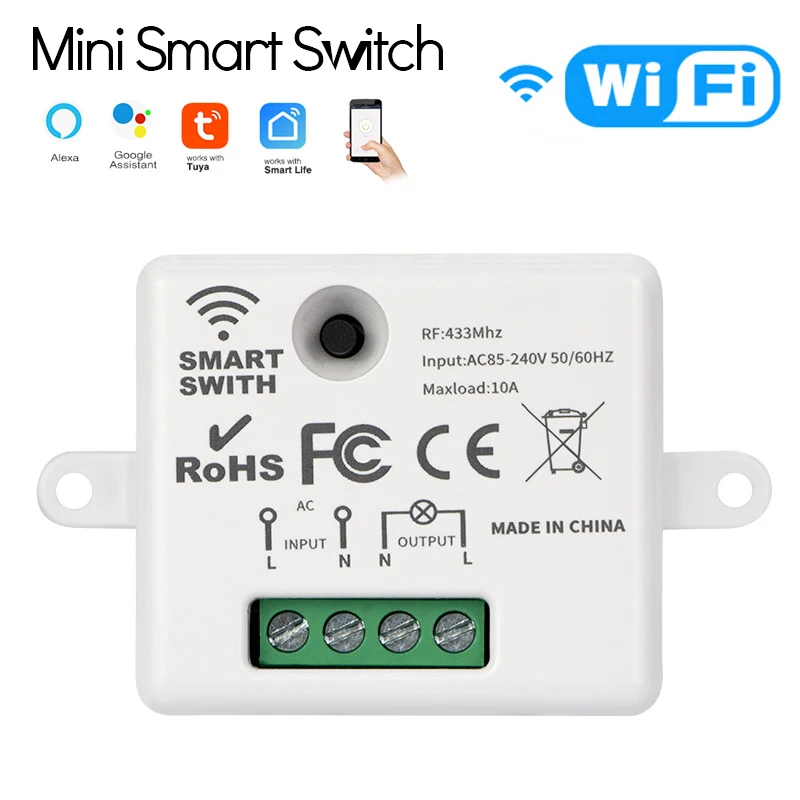 Aubess 10A Smart Switch RF/RF433 + WiFi Dual Control Smart Switches Module On-off Device Tuya Single Wire Intelligent Switch