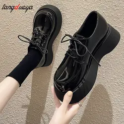 Platform shoes thick-soled trend British style simple casual women's shoes platform Women Chunky Sneakers stretch boots women