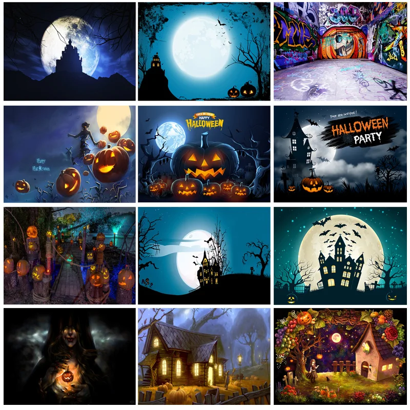 

Halloween Backdrop Pumpkin Lantern Castle Forest Moon Tombstone Baby Photography Background For Photo Studio Props WS-05