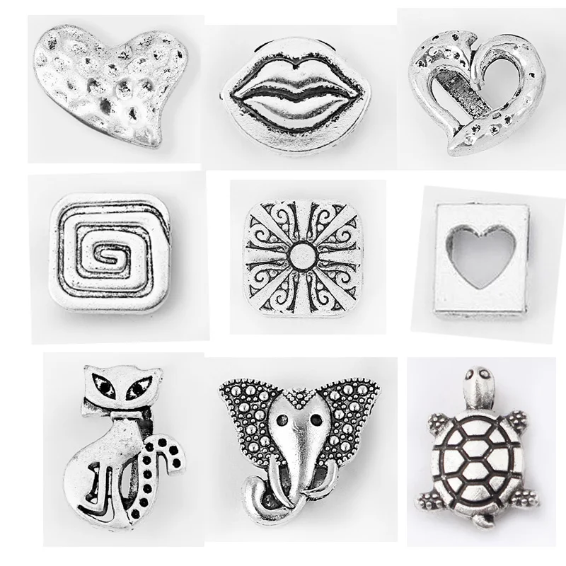 10pcs Tibetan Silver Heart/Animals/Geometric Slider Spacer Beads Findings for 10mm Flat Leather Cord Jewelery Accessories Making